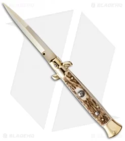 Frank B 9" Italian Stiletto Automatic Knife Stag Horn (4" Gold Bayonet)