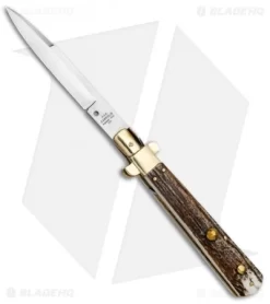 AGA Campolin 11" Frosolone Bayonet Stiletto Auto Knife Stag/Brass (5" Satin)