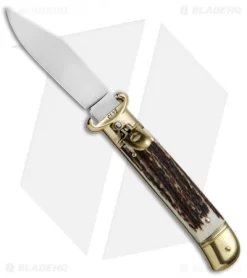 SKM 8" Lever Lock Italian Auto Stag Bone W/ Brass Bolster (3.2" Polish)