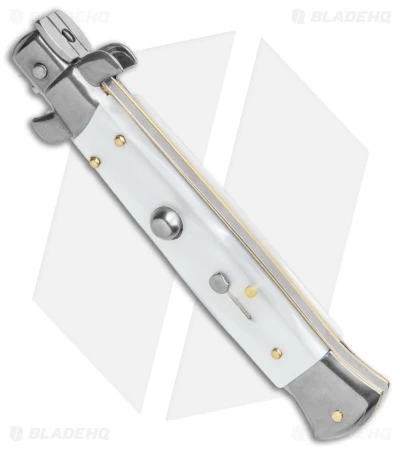 Frank B 9" Italian Stiletto Automatic Knife White Pearlex (4" Satin Dagger) - Image 2