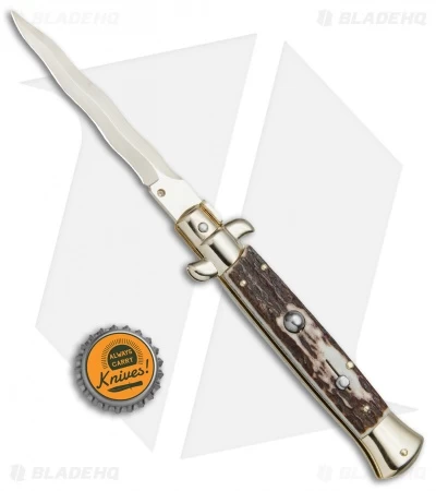 Frank B 9" Italian Stiletto Kris Automatic Knife Stag (4" Gold) - Image 4