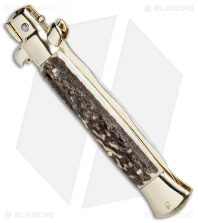 Frank B 9" Italian Stiletto Kris Automatic Knife Stag (4" Gold) - Image 3
