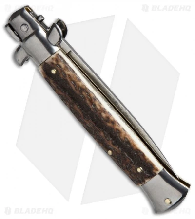 Frank B 9" Italian Stiletto Automatic Knife Stag Horn (4" Satin Flat) - Image 2