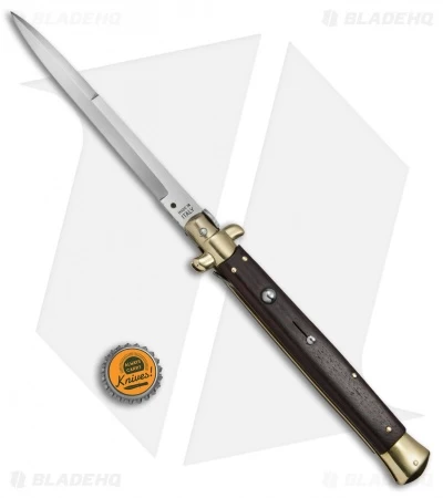 SKM 13" Italian Stiletto Automatic Knife Hardwood/Brass (5.7" Satin Bayonet) - Image 4
