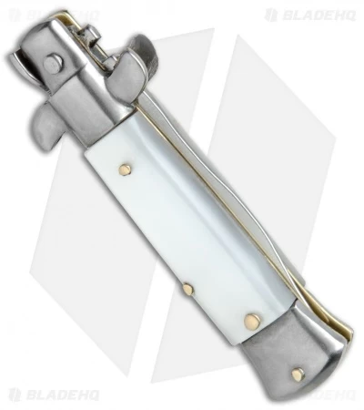 SKM 4.5" Italian Mini Stiletto Automatic Knife White Acrylic (2" Satin Kris) - Image 3