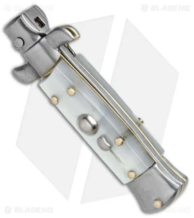 SKM 4.5" Italian Mini Stiletto Automatic Knife White Acrylic (2" Satin Kris) - Image 2