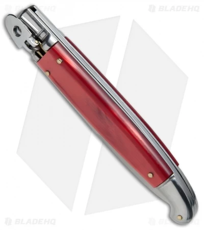 SKM 9.5" Fancy Lever Lock Automatic Knife Red Acrylic (4" Satin Bayo) - Image 2