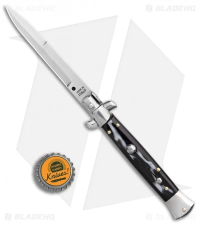 SKM 9" Italian Stiletto Automatic Knife Sim Dark Horn (3.8" Satin Bayo) - Image 4