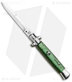SKM 9" Italian Stiletto Automatic Knife Green Acrylic (4" Satin Bayonet)