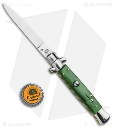 SKM 9" Italian Stiletto Automatic Knife Green Acrylic (4" Satin Flat) - Image 4
