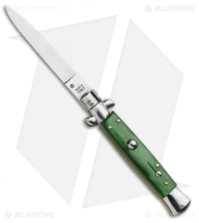SKM 9" Italian Stiletto Automatic Knife Green Acrylic (4" Satin Flat)