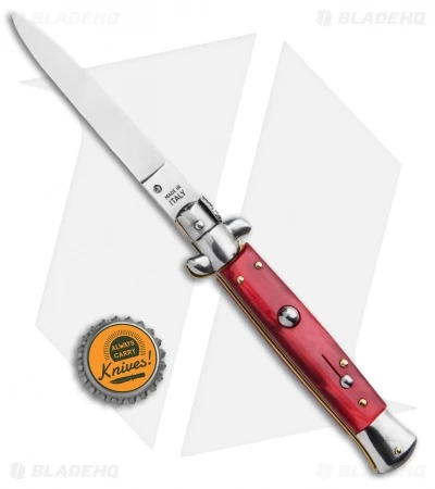 SKM 9" Italian Stiletto Automatic Dagger Knife Red Acrylic (4" Satin) - Image 4