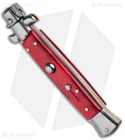 SKM 9" Italian Stiletto Automatic Dagger Knife Red Acrylic (4" Satin) - Image 2