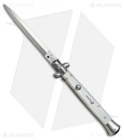 SKM AB 11" Italian Stiletto Automatic Knife White Pearlex (5" Satin Dagger)