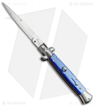 SKM 9" Italian Stiletto Automatic Knife Blue Pearlex (3.8" Satin Bayonet)