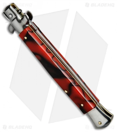 SKM 11" Italian Stiletto Automatic Knife Red Swirl Pearlex (5" Satin Flat) - Image 3