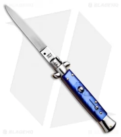 SKM 9" Italian Stiletto Automatic Knife Blue Acrylic (4" Satin Flat)