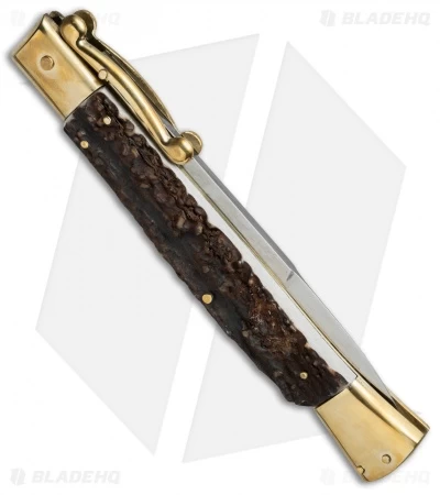 AGA Campolin 13" Swinguard Automatic Knife Brass/Stag Horn (5.75" Satin Bayo) - Image 2
