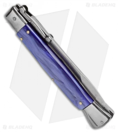 AKC Swinguard 9" Automatic Italian Stiletto Blue Pearlex (4" Satin Bayonet) - Image 2
