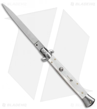 Frank B 11" Italian Stiletto Automatic Knife White Pearlex (5" Satin Flat)