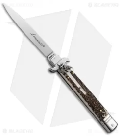 AKC Leverletto 9" Lever Lock Automatic Italian Knife Stag Horn (4" Satin Flat)