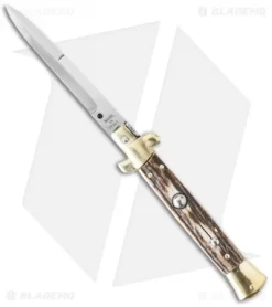 SKM 9" Italian Stiletto Automatic Knife Brass/Stag Horn (4" Bayonet)