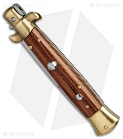 SKM AB 9" Italian Stiletto Automatic Knife Brass/Bocote Wood (4" Satin Bayonet) - Image 2