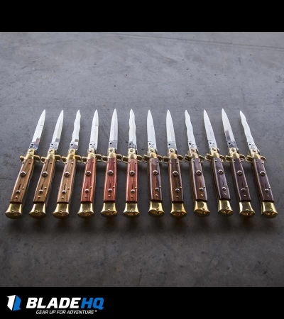 SKM AB 9" Italian Stiletto Automatic Knife Brass/Bocote Wood (4" Satin Bayonet) - Image 4